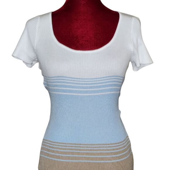 Almost Famous Ribbed Midi Dress Short Sleeve White Blue Tan Striped Colorblock M - Picture 2 of 10